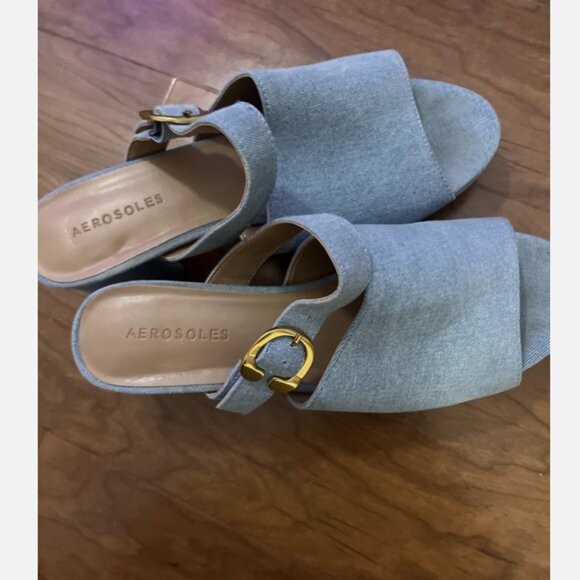 Aerosols Women’s 9 Wide Fit Denim Blue Gold Buckle Slip On Mule Block Sandal - Picture 7 of 7